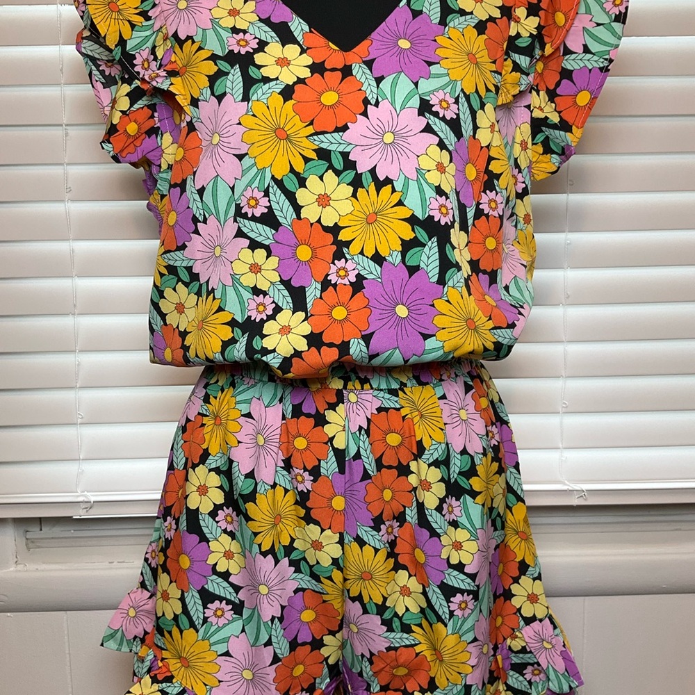 Umgee Black Floral Tiered Romper with Pink, Yellow, Orange & Green Flowers
